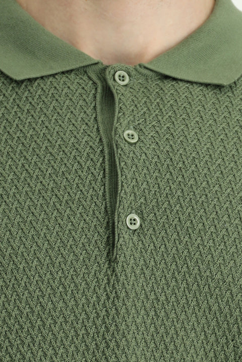 Çağla Yeşili Polo Yaka Regular Fit Desenli Pamuklu Triko Kazak