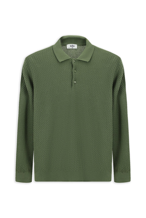 Çağla Yeşili Polo Yaka Regular Fit Desenli Pamuklu Triko Kazak