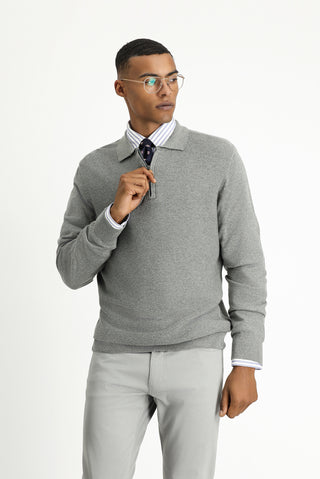  Orta Gri Melanj Polo Yaka Regular Fit Fermuarlı Desenli Pamuklu Triko Kazak