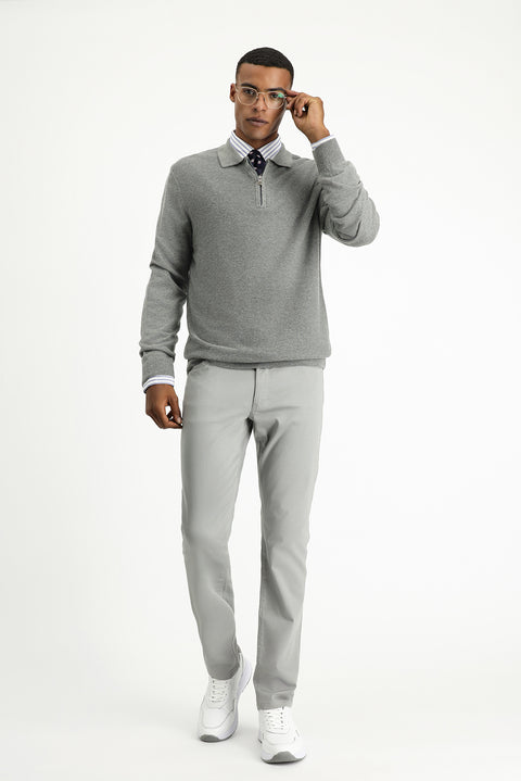 Orta Gri Melanj Polo Yaka Fermuarlı Regular Fit Desenli Pamuklu Triko Kazak