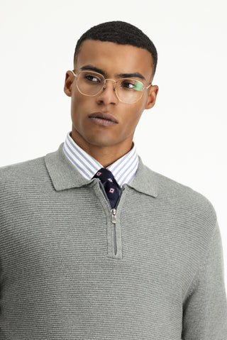  Orta Gri Melanj Polo Yaka Regular Fit Fermuarlı Desenli Pamuklu Triko Kazak