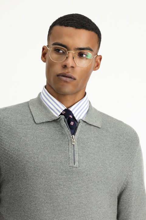 Orta Gri Melanj Polo Yaka Fermuarlı Regular Fit Desenli Pamuklu Triko Kazak