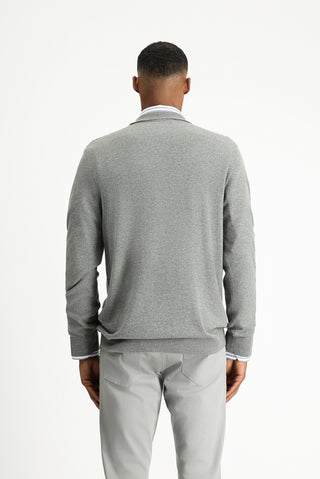  Orta Gri Melanj Polo Yaka Regular Fit Fermuarlı Desenli Pamuklu Triko Kazak