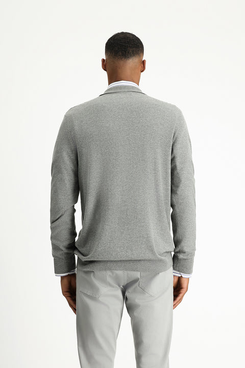 Orta Gri Melanj Polo Yaka Fermuarlı Regular Fit Desenli Pamuklu Triko Kazak