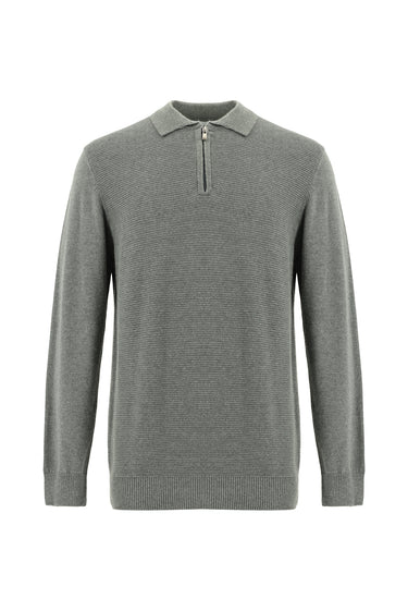 Orta Gri Melanj Polo Yaka Regular Fit Fermuarlı Desenli Pamuklu Triko Kazak