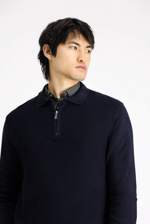 Koyu Lacivert Polo Yaka Fermuarlı Regular Fit Desenli Pamuklu Triko Kazak