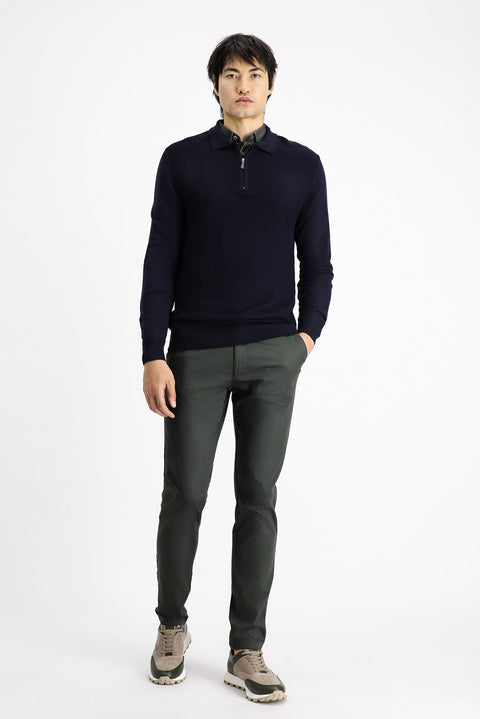 Koyu Lacivert Polo Yaka Fermuarlı Regular Fit Desenli Pamuklu Triko Kazak