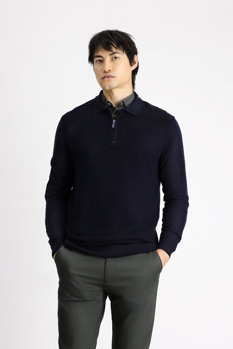 Koyu Lacivert Polo Yaka Fermuarlı Regular Fit Desenli Pamuklu Triko Kazak