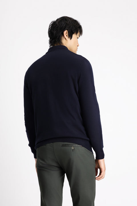 Koyu Lacivert Polo Yaka Fermuarlı Regular Fit Desenli Pamuklu Triko Kazak