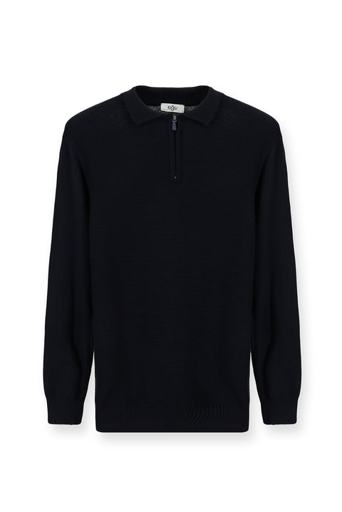 Koyu Lacivert Polo Yaka Fermuarlı Regular Fit Desenli Pamuklu Triko Kazak