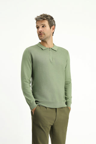  Açık Haki Polo Yaka Regular Fit Fermuarlı Desenli Pamuklu Triko Kazak