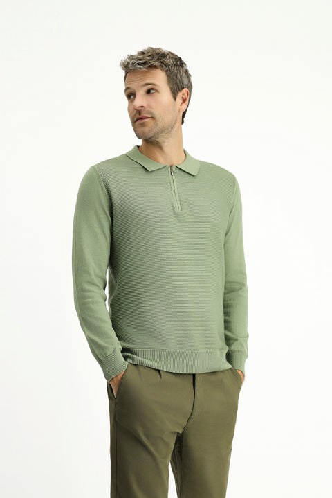 Açık Haki Polo Yaka Fermuarlı Regular Fit Desenli Pamuklu Triko Kazak