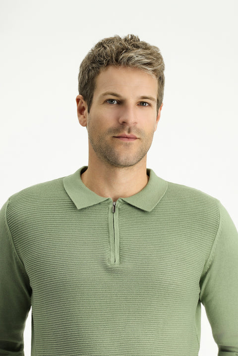 Açık Haki Polo Yaka Fermuarlı Regular Fit Desenli Pamuklu Triko Kazak