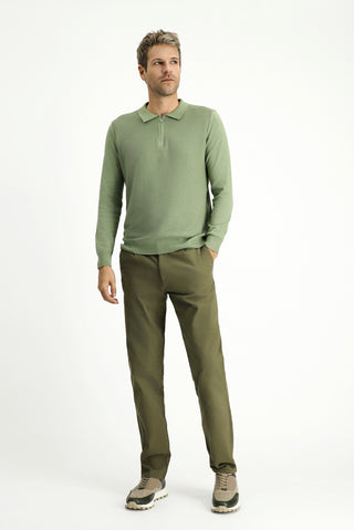  Açık Haki Polo Yaka Regular Fit Fermuarlı Desenli Pamuklu Triko Kazak