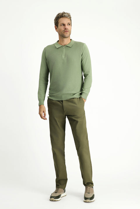 Açık Haki Polo Yaka Fermuarlı Regular Fit Desenli Pamuklu Triko Kazak