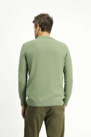  Açık Haki Polo Yaka Regular Fit Fermuarlı Desenli Pamuklu Triko Kazak