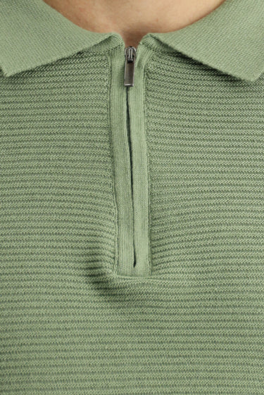 Açık Haki Polo Yaka Regular Fit Fermuarlı Desenli Pamuklu Triko Kazak