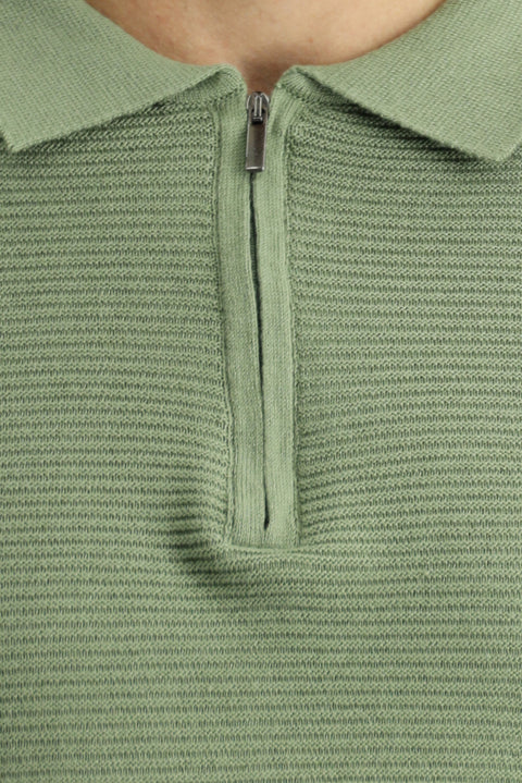 Açık Haki Polo Yaka Fermuarlı Regular Fit Desenli Pamuklu Triko Kazak