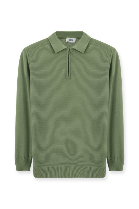 Açık Haki Polo Yaka Fermuarlı Regular Fit Desenli Pamuklu Triko Kazak