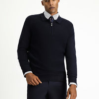 Koyu Lacivert Polo Yaka Regular Fit Fermuarlı Desenli Pamuklu Triko Kazak