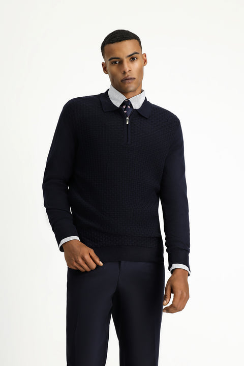 Koyu Lacivert Polo Yaka Regular Fit Fermuarlı Desenli Pamuklu Triko Kazak