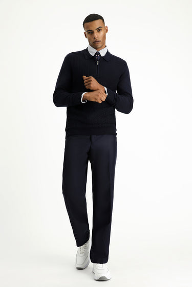 Koyu Lacivert Polo Yaka Regular Fit Fermuarlı Desenli Pamuklu Triko Kazak