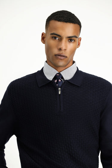 Koyu Lacivert Polo Yaka Regular Fit Fermuarlı Desenli Pamuklu Triko Kazak