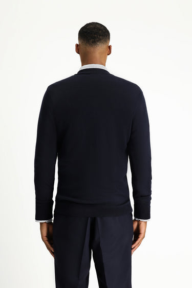 Koyu Lacivert Polo Yaka Regular Fit Fermuarlı Desenli Pamuklu Triko Kazak