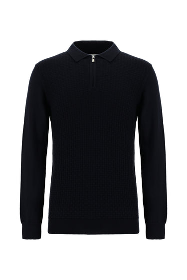 Koyu Lacivert Polo Yaka Regular Fit Fermuarlı Desenli Pamuklu Triko Kazak