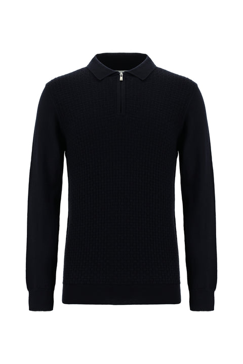 Koyu Lacivert Polo Yaka Regular Fit Fermuarlı Desenli Pamuklu Triko Kazak