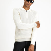 Ekru Polo Yaka Regular Fit Fermuarlı Desenli Pamuklu Triko Kazak