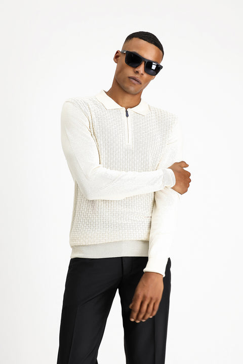 Ekru Polo Yaka Regular Fit Fermuarlı Desenli Pamuklu Triko Kazak