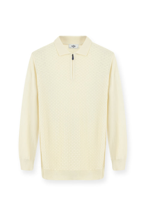 Ekru Polo Yaka Regular Fit Fermuarlı Desenli Pamuklu Triko Kazak