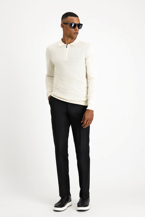 Ekru Polo Yaka Regular Fit Fermuarlı Desenli Pamuklu Triko Kazak