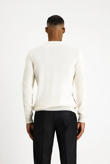  Ekru Polo Yaka Regular Fit Fermuarlı Desenli Pamuklu Triko Kazak