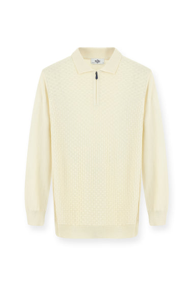 Ekru Polo Yaka Regular Fit Fermuarlı Desenli Pamuklu Triko Kazak