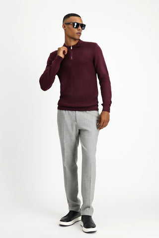  Mürdüm Polo Yaka Regular Fit Fermuarlı Desenli Pamuklu Triko Kazak