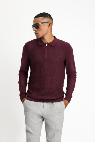  Mürdüm Polo Yaka Regular Fit Fermuarlı Desenli Pamuklu Triko Kazak