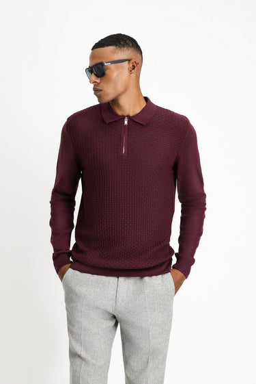 Mürdüm Polo Yaka Regular Fit Fermuarlı Desenli Pamuklu Triko Kazak