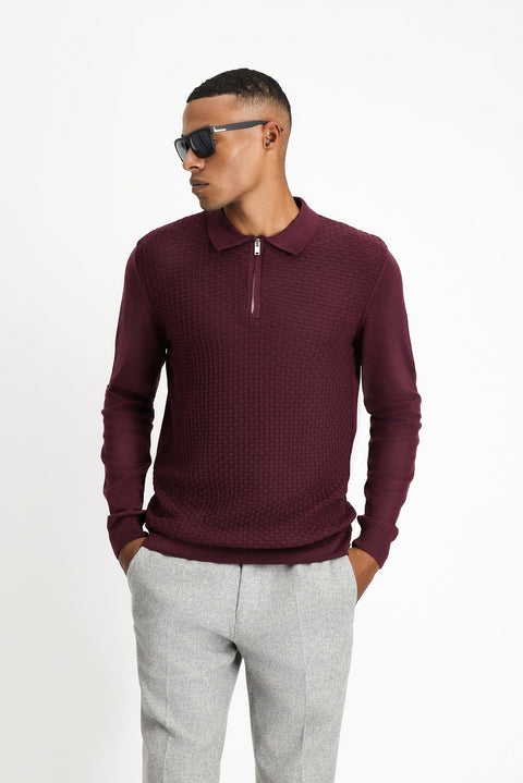 Mürdüm Polo Yaka Regular Fit Fermuarlı Desenli Pamuklu Triko Kazak