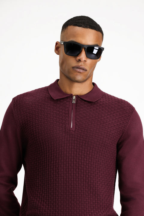 Mürdüm Polo Yaka Regular Fit Fermuarlı Desenli Pamuklu Triko Kazak