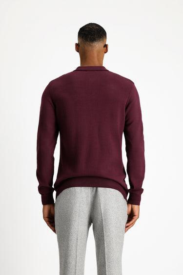 Mürdüm Polo Yaka Regular Fit Fermuarlı Desenli Pamuklu Triko Kazak