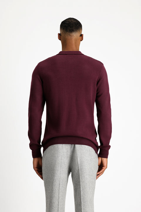 Mürdüm Polo Yaka Regular Fit Fermuarlı Desenli Pamuklu Triko Kazak