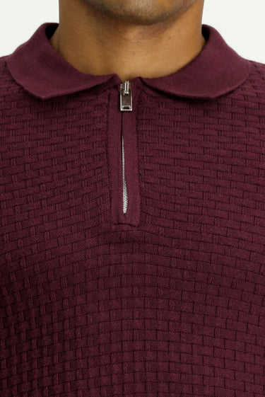 Mürdüm Polo Yaka Regular Fit Fermuarlı Desenli Pamuklu Triko Kazak