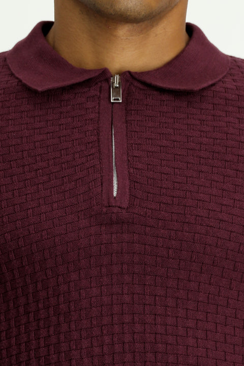 Mürdüm Polo Yaka Regular Fit Fermuarlı Desenli Pamuklu Triko Kazak