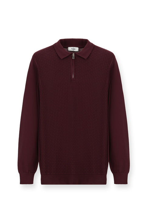 Mürdüm Polo Yaka Regular Fit Fermuarlı Desenli Pamuklu Triko Kazak