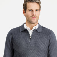 Orta Antrasit Polo Yaka Regular Fit Fermuarlı Desenli Pamuklu Triko Kazak