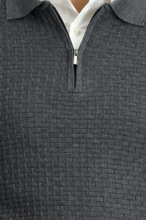 Orta Antrasit Polo Yaka Regular Fit Fermuarlı Desenli Pamuklu Triko Kazak