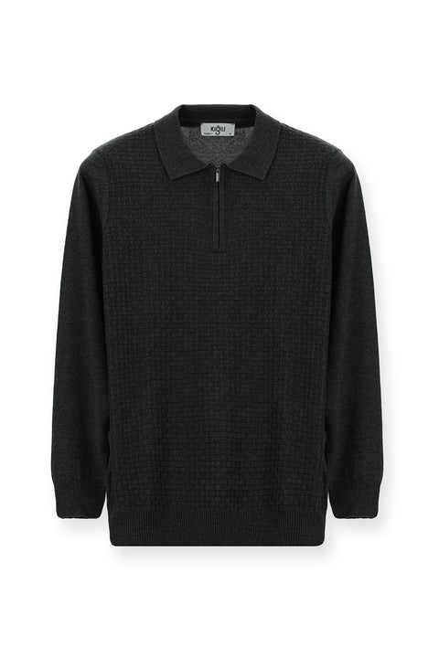 Orta Antrasit Polo Yaka Regular Fit Fermuarlı Desenli Pamuklu Triko Kazak