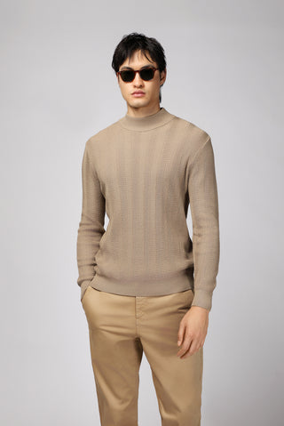  Orta Bej Yarım Balıkçı Yaka Slim Fit Dar Kesim Desenli Pamuklu Triko Kazak